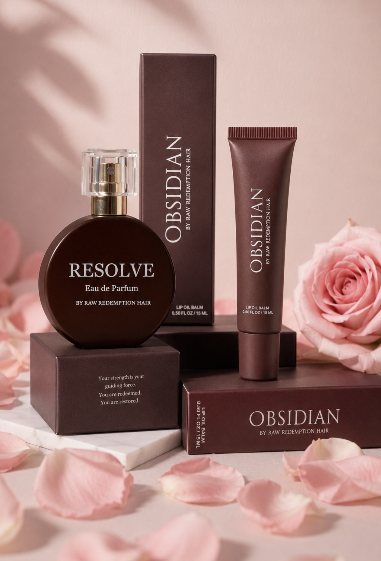 Obsidian Lip Oil Balm and Resolve Eau de Parfum by Raw Redemption Hair